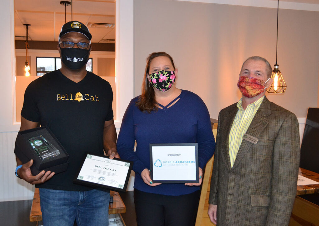 Jojo Oliphant, Owner; Jackie Cassida, Nordic Aquafarms Inc. Community Liaison; Steve Ryan, Belfast Area Chamber Executive Director