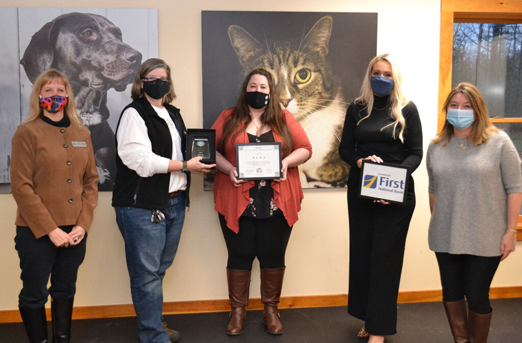 Sandy Patrick, Belfast Area Chamber Member Rep; Shelly Butler, PAWS Executive Director; Tabitha Lowe, PAWS Development Director; Nichole Quinn and Necole Dabrio Janzcura, First National Bank Business Development Officers